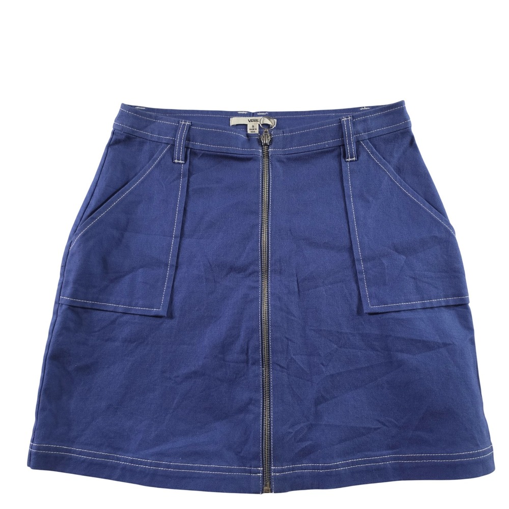 Vans Womens Blue Canvas Zip Front Mini Skirt White Contrast Stitch Size S